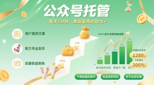 【公众号托管 】我提供文章，你发布，每天5分钟，单篇最高收益1k+【揭秘】-萝卜兔资源站