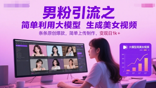 男粉引流之简单利用大模型生成美女视频，条条原创爆款，简单上传制作，变现日1k+-萝卜兔资源站