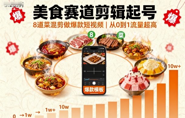 美食赛道剪辑起号，8道菜混剪做爆款短视频，从0到1，流量超高-萝卜兔资源站