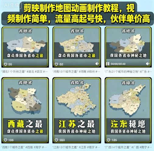 剪映制作地图动画制作教程，视频制作简单，流量高起号快，伙伴单价高-萝卜兔资源站