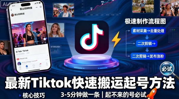 最新Tiktok快速搬运快速起号方法，3-5分钟做一条，起不来的号可以试试-萝卜兔资源站