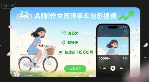 AI制作女孩骑单车治愈视频，流量大，起号快，快速起千粉万粉号-萝卜兔资源站