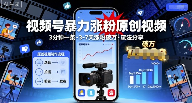 视频号暴力涨粉原创视频，3分钟一条原创视频，3-7天涨粉破万，玩法分享给你-萝卜兔资源站