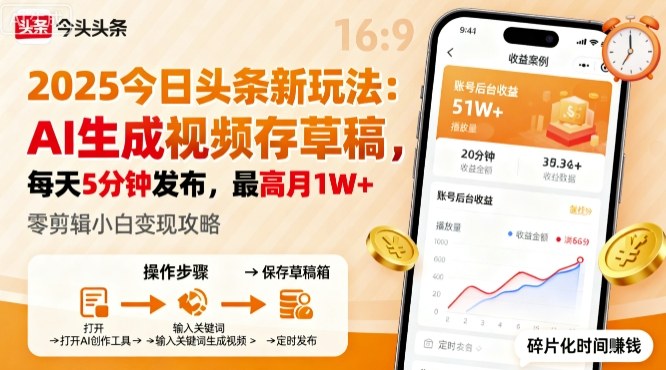 2025年今日头条躺賺新玩法，AI生成视频存草稿，每天5分钟发布，最高月1W+【揭秘】-萝卜兔资源站