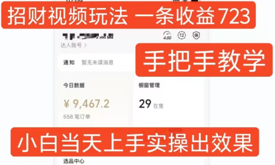 招财视频玩法，一条视频收益723，手把手教学，小白当天可上手-萝卜兔资源站