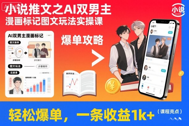 小说推文之AI双男主漫画标记图文玩法实操课，轻松爆单，一条收益1k+-萝卜兔资源站