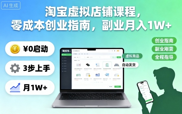 淘宝虚拟店铺课程,零成本创业指南,副业月入1W+-萝卜兔资源站
