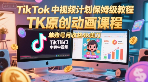 TikTok中视频计划保姆级教程，TK原创动画课程，单账号月收益4k美刀-萝卜兔资源站
