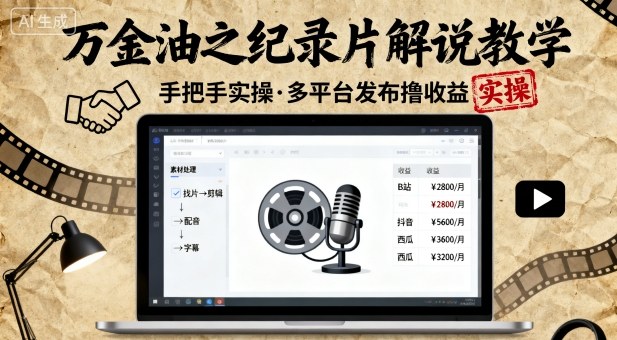 万金油之纪录片解说教学，手把手教你，完全实操，多平台发布撸收益-萝卜兔资源站