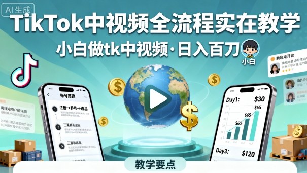 TikTok中视频全流程实操教学，小白做tk中视频，日入百刀-萝卜兔资源站