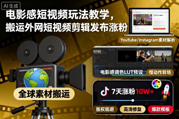 电影感短视频玩法教学,搬运外网短视频剪辑发布涨粉-萝卜兔资源站