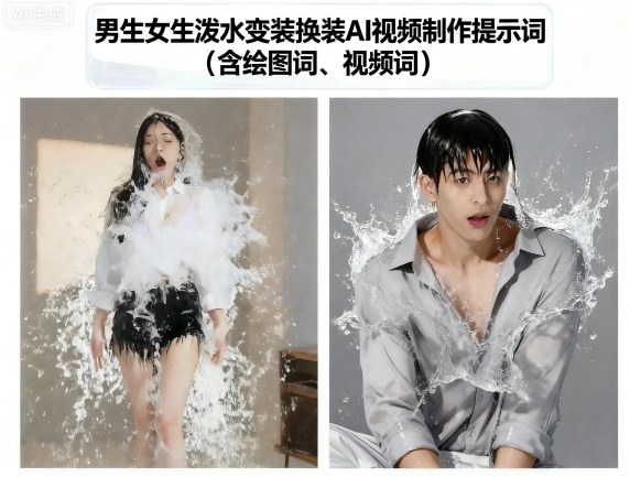 男生女生泼水变装换装AI视频制作提示词(含绘图词、视频词)-萝卜兔资源站