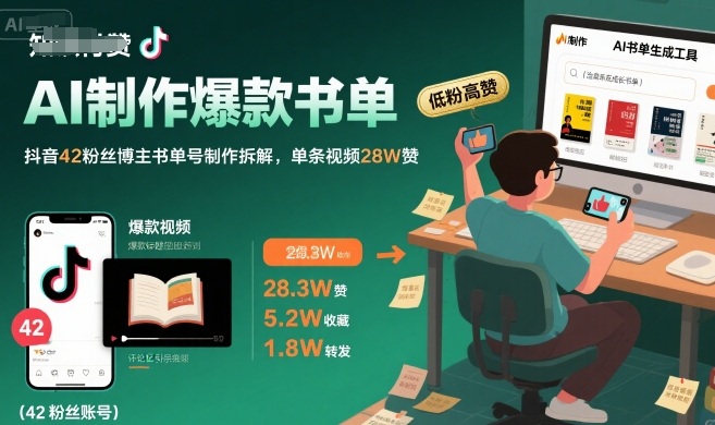 AI制作爆款书单，抖音42粉丝博主书单号制作拆解，单条视频28W赞-萝卜兔资源站