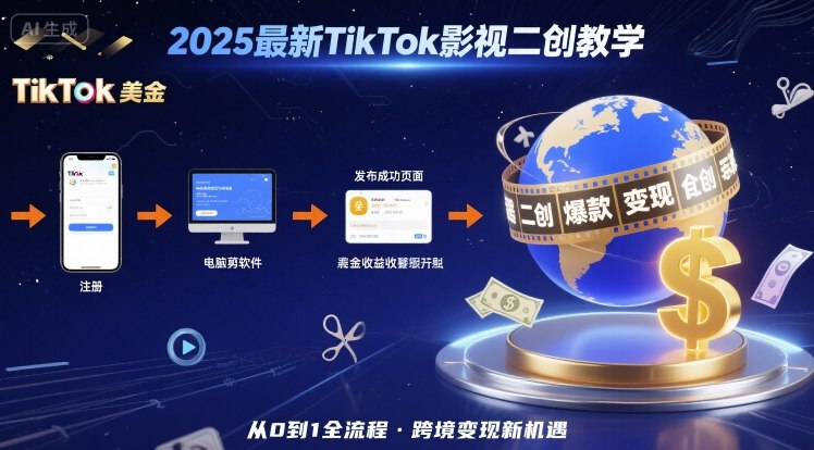 2025年最新TikTok影视二创教学，从注册到发布撸美金全流程，跨境变现新机遇-萝卜兔资源站