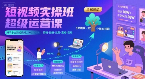 短视频实操班超级运营课，新手小白到短视频大神必修课程，剪辑-拍摄-运营-直播-变现-萝卜兔资源站