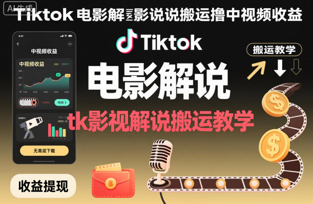 Tiktok电影解说搬运撸中视频收益,tk影视解说搬运教学-萝卜兔资源站