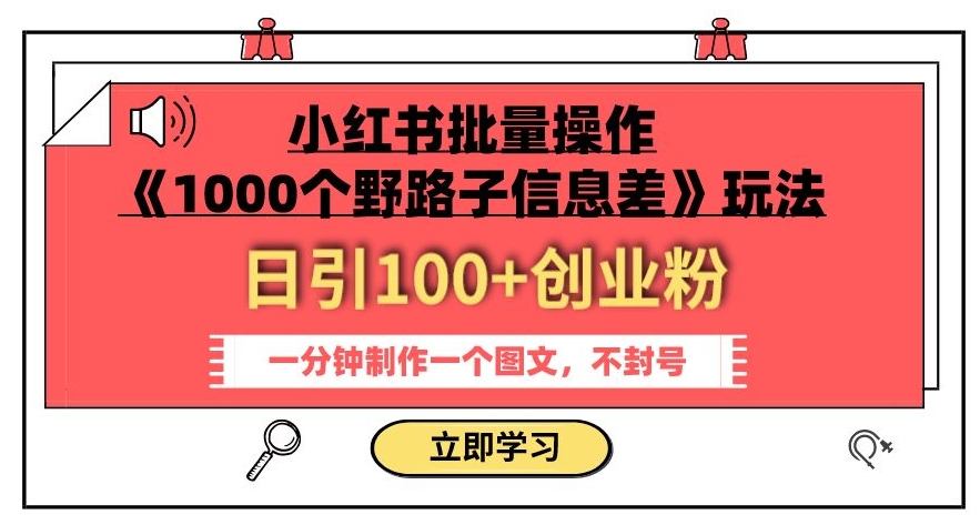小红书批量操作《1000个野路子信息差》玩法，一分钟制作一个图文，不封号，日引100+创业粉-萝卜兔资源站