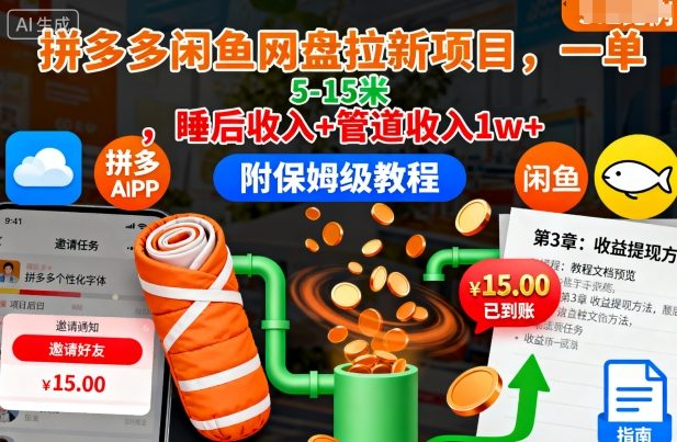 拼多多闲鱼网盘拉新项目，一单5-15米，睡后收入+管道收入1w+（附保姆级教程）-萝卜兔资源站