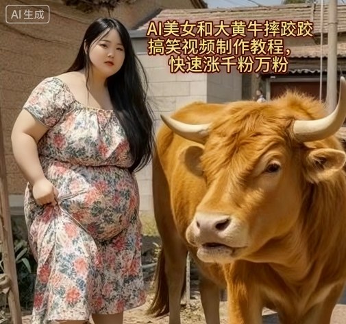AI美女和大黄牛摔跤搞笑荒诞视频制作教程，快速涨千粉万粉-萝卜兔资源站