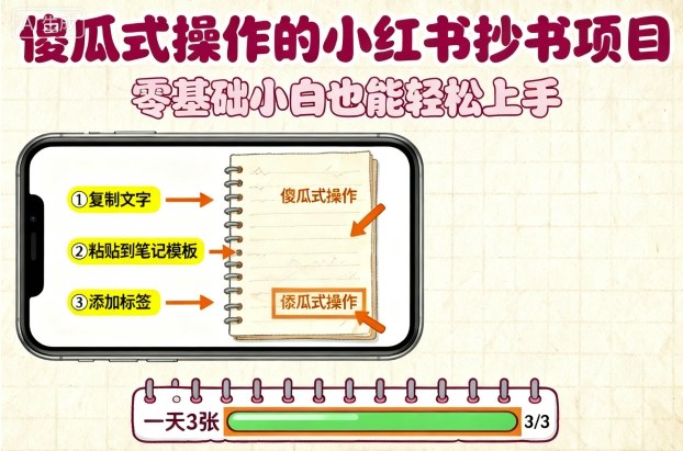 傻瓜式操作的小红书抄书项目，会复制粘贴就行，零基础小白也能一天3张-萝卜兔资源站