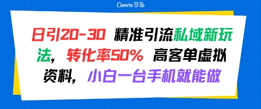 日引 20-30 精准引流私域新玩法，转化率50% 高客单虚拟资料，小白一台手机就能做-萝卜兔资源站
