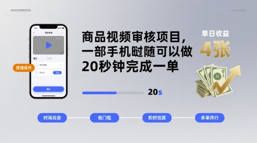 商品视频审核项目，一部手机随时随地都可以做，20秒钟完成一单，单日收益 4张【揭秘】-萝卜兔资源站