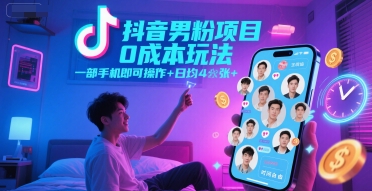 抖音男粉项目0成本玩法，一部手机即可操作，日均4张+，时间自由-萝卜兔资源站