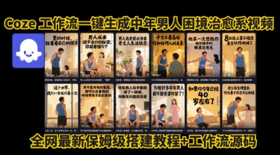 coze工作流一键生成”中年男人困境扎心高涨粉高播放量图文视频”保姆级拆解教程，无需剪辑，无需拍摄写文案-萝卜兔资源站