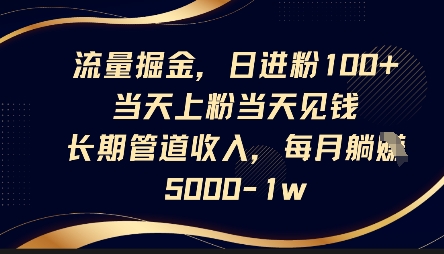流量掘金，日进粉100+，当天上粉当天见钱，长期管道收入，每月躺挣5k-萝卜兔资源站