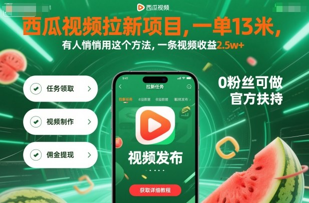 西瓜视频拉新项目，一单13米，有人悄悄用这个方法，一条视频收益2.5w+（附详细教程）-萝卜兔资源站