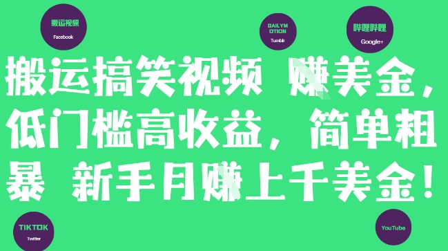 搬运搞笑视频挣美金，低门槛高收益，简单粗暴新手月入上千美刀-萝卜兔资源站