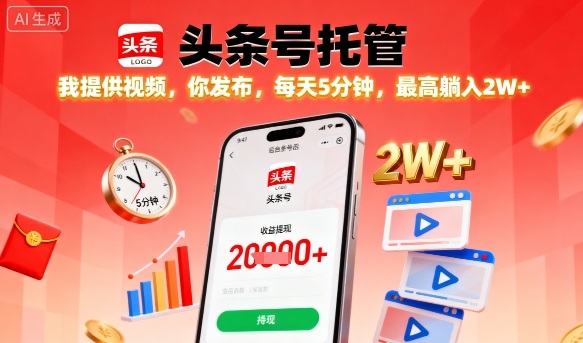 【头条号托管】我提供视频，你发布，每天5分钟，最高躺入2W+【揭秘】-萝卜兔资源站