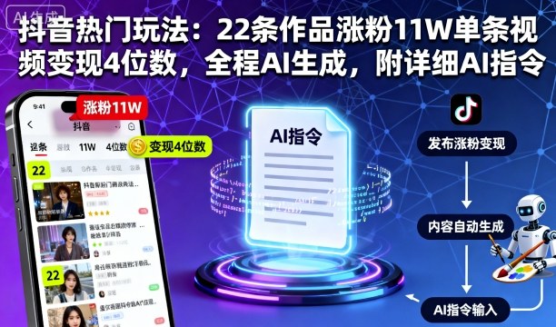 抖音热门玩法：22条作品涨粉11W单条视频变现4位数，全程AI生成，附详细AI指令-萝卜兔资源站